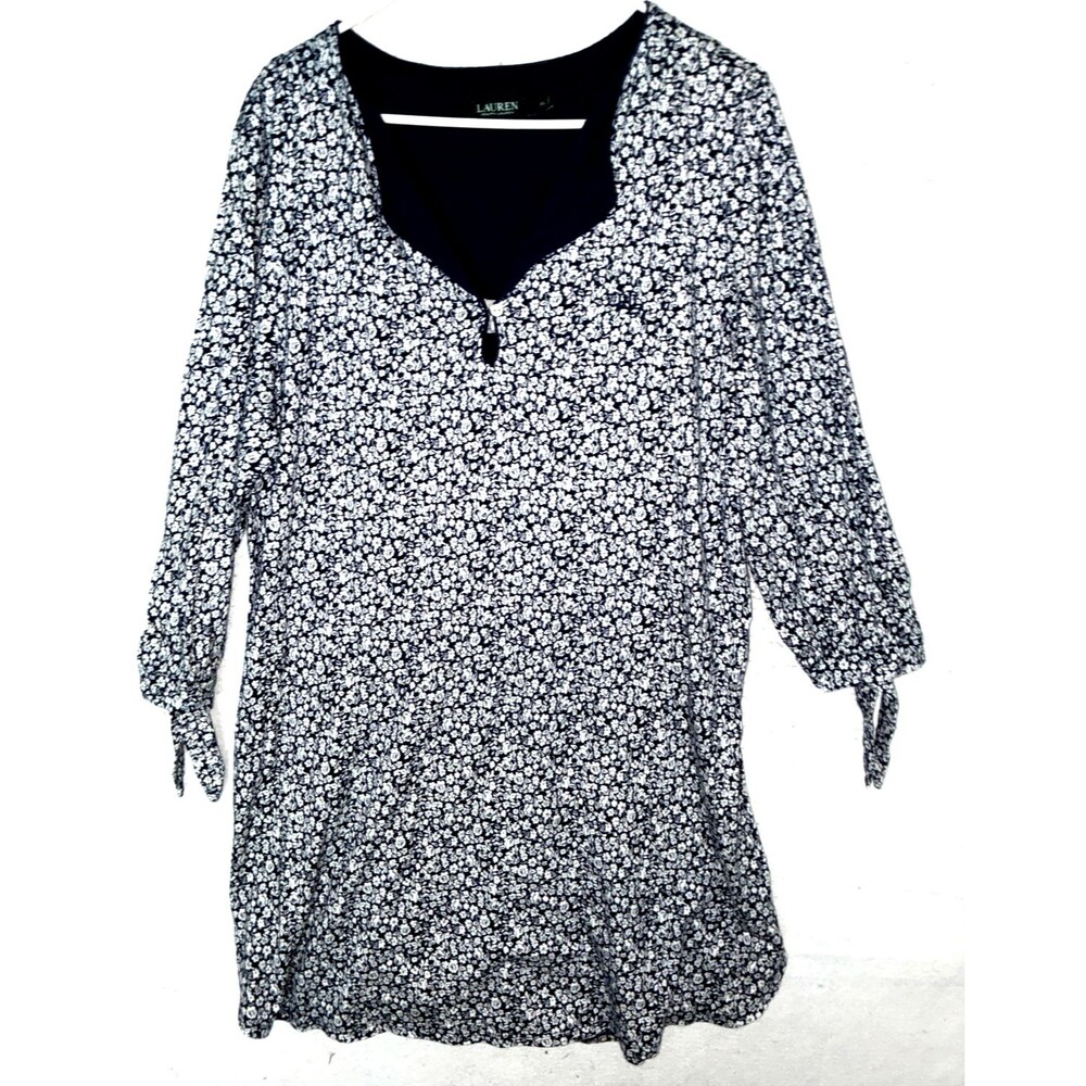 Ralph Lauren Womens XL Dress Navy Blue White Floral 3/4 sleeve Cotton Modal